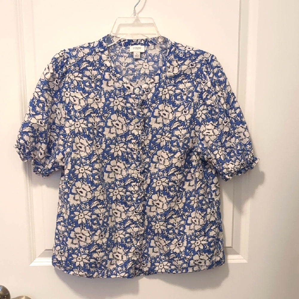 J. CREW - Linen-blend ruffle top with puff sleeves